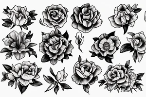 Marigold, violet, rose, daffodil, narcissus flower bouquet tattoo idea