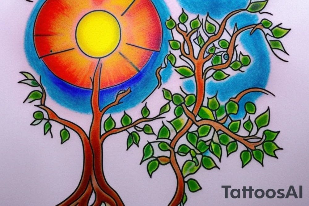 A colored tree of life in the background the sun for my forearm tattoo idea