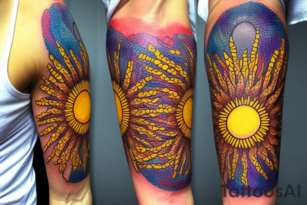 A colored tree of life in the background a yellow sun for my forearm tattoo idea