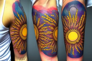 A colored tree of life in the background a yellow sun for my forearm tattoo idea