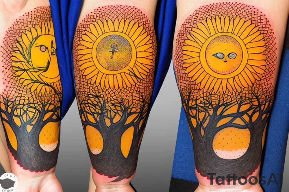 A colored tree of life in the background a yellow sun for my forearm tattoo idea