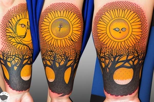 A colored tree of life in the background a yellow sun for my forearm tattoo idea