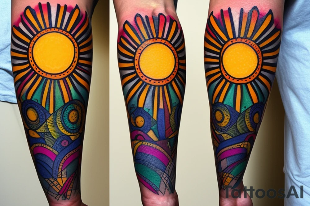 A colored tree of life in the background a yellow sun for my forearm tattoo idea