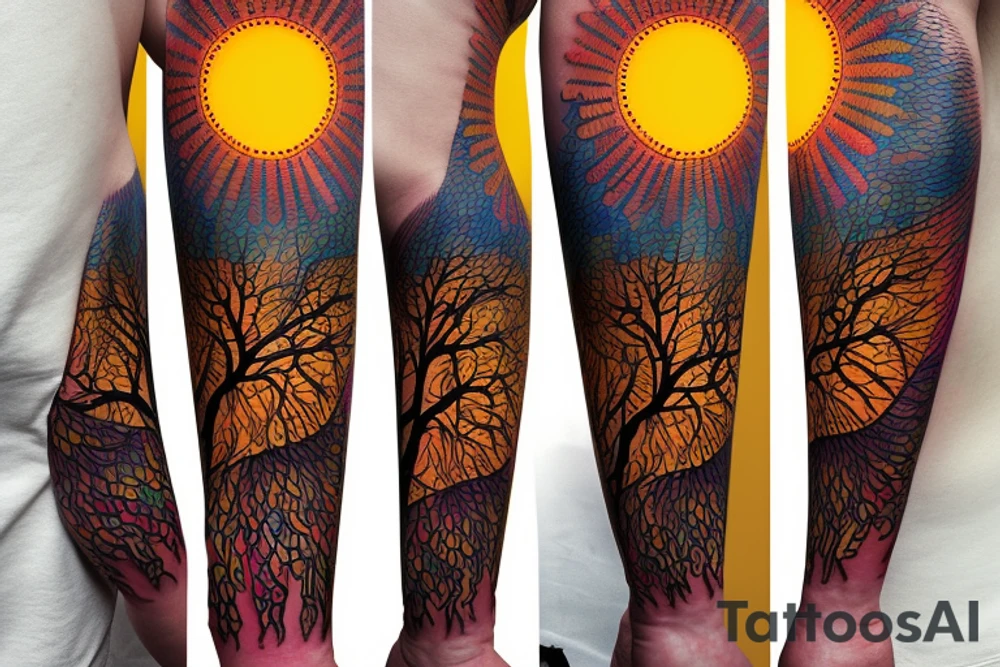 A colored tree of life in the background a yellow sun for my forearm tattoo idea