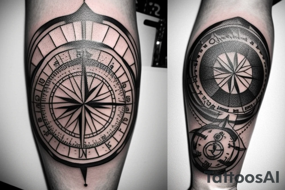 compass tattoo with celestial objects in the background. With a small pocket watch design in it. tattoo idea