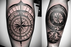 compass tattoo with celestial objects in the background. With a small pocket watch design in it. tattoo idea