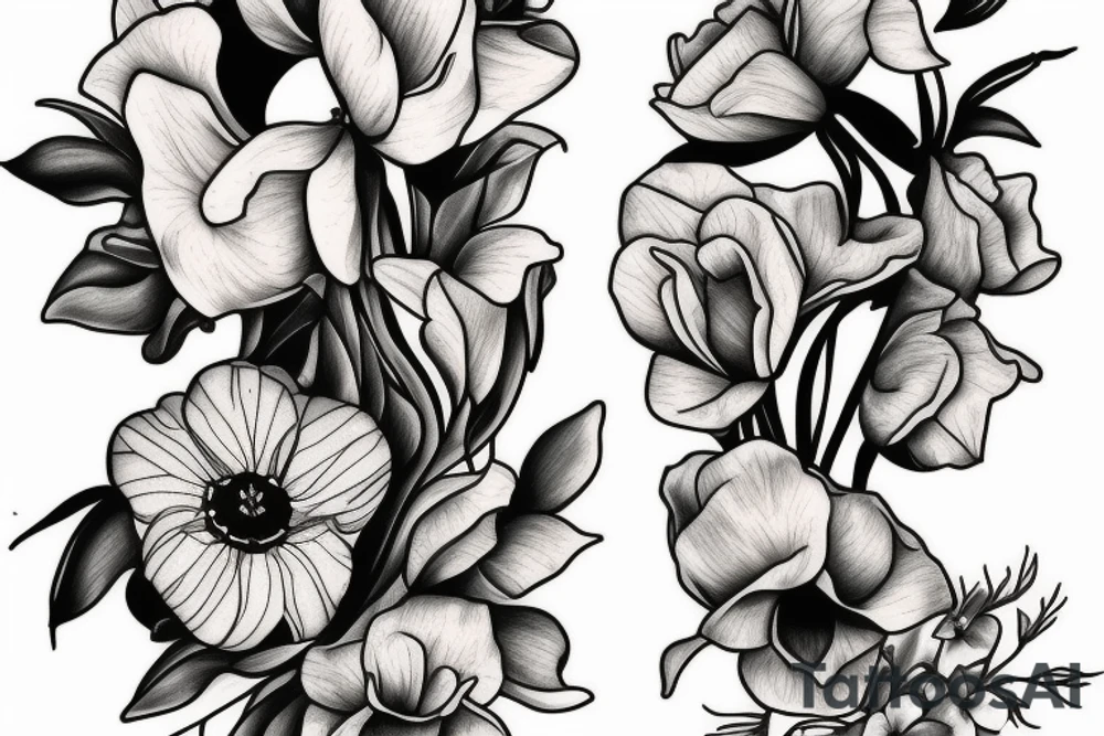 Sweet pea and narcissus bouquet of flowers tattoo idea