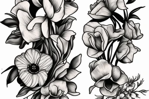 Sweet pea and narcissus bouquet of flowers tattoo idea