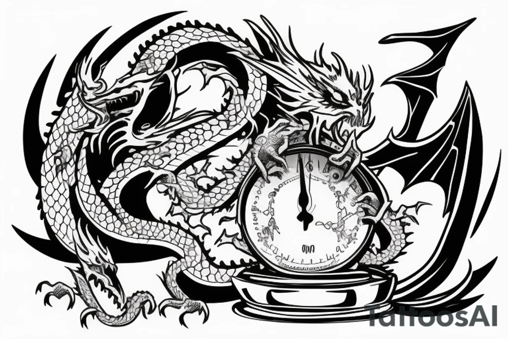 Reaper crushing hour glass with dragon in background tattoo idea