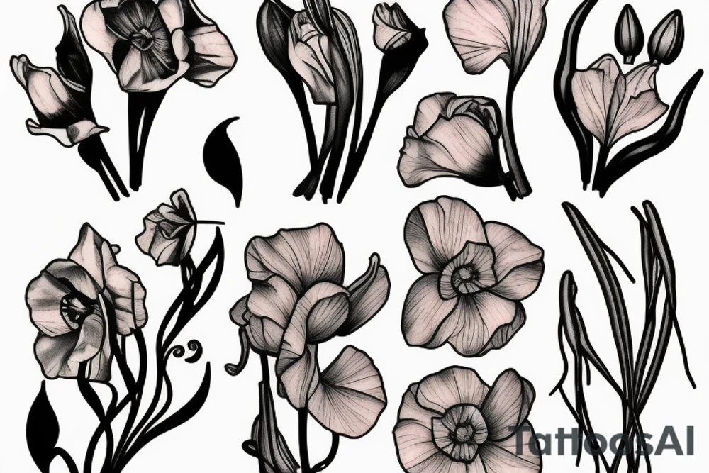 Sweet pea and narcissus bouquet tattoo idea