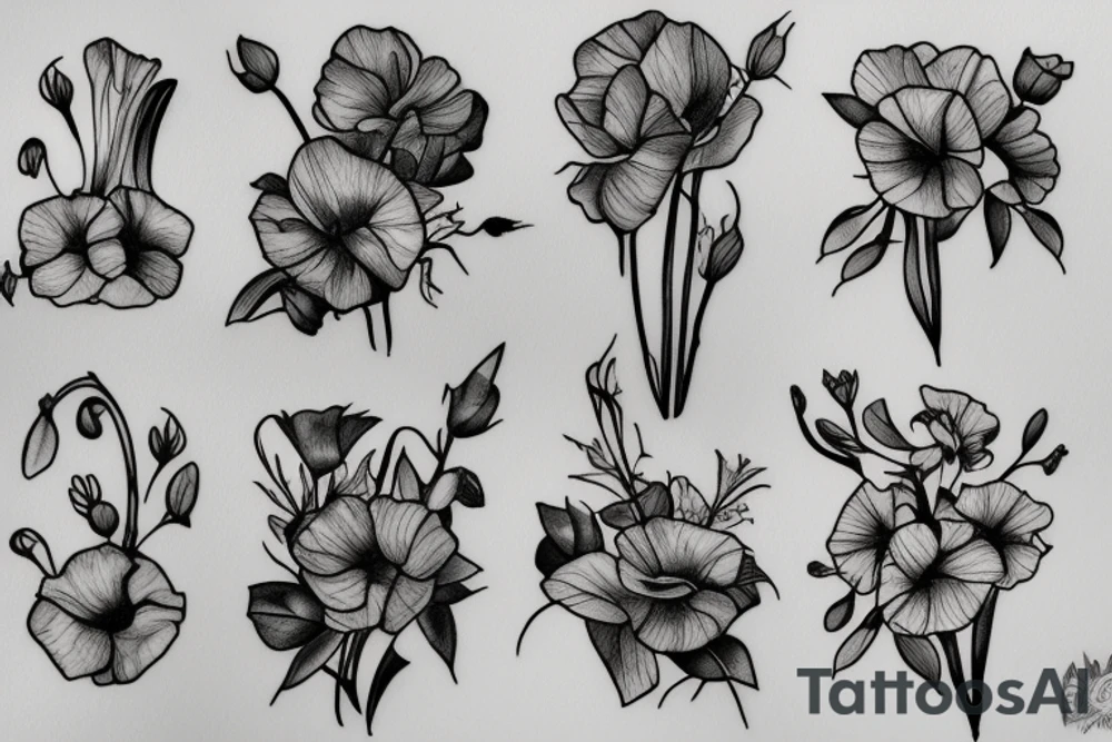 Sweet pea and narcissus bouquet flowers tattoo idea