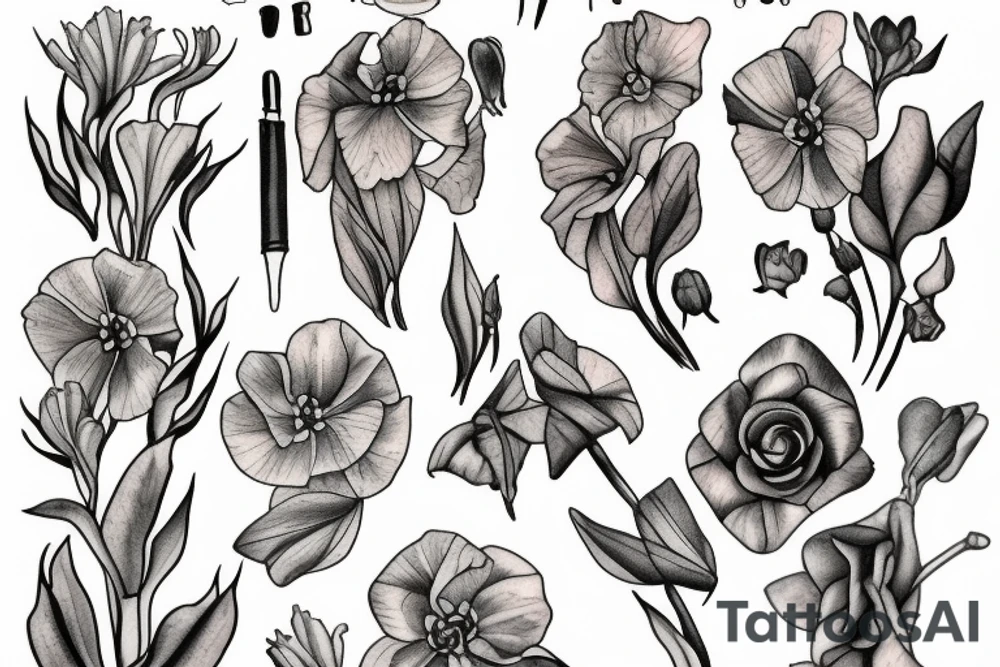 Sweet pea and narcissus bouquet tattoo idea