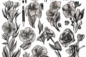 Sweet pea and narcissus bouquet tattoo idea