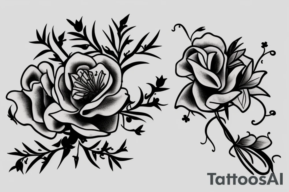 Sweet pea and holly flower bouquet tattoo idea