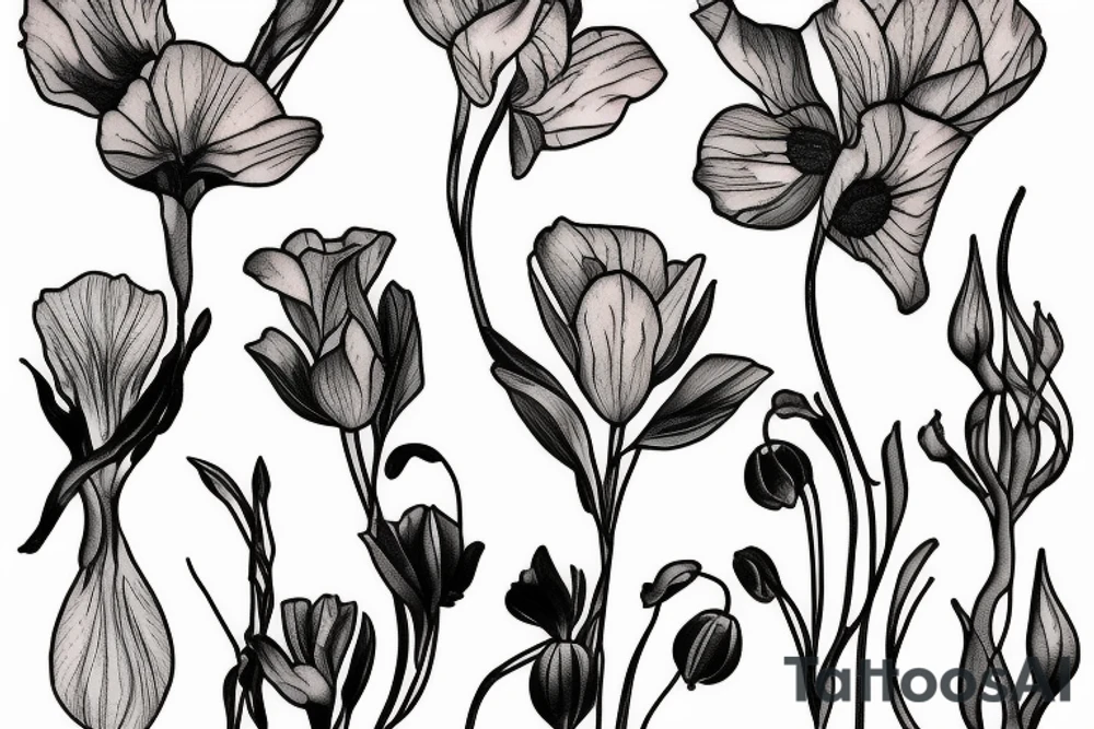 Sweet pea and narcissus bouquet tattoo idea