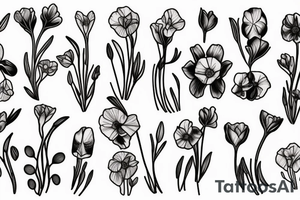 Sweet pea and narcissus bouquet tattoo idea