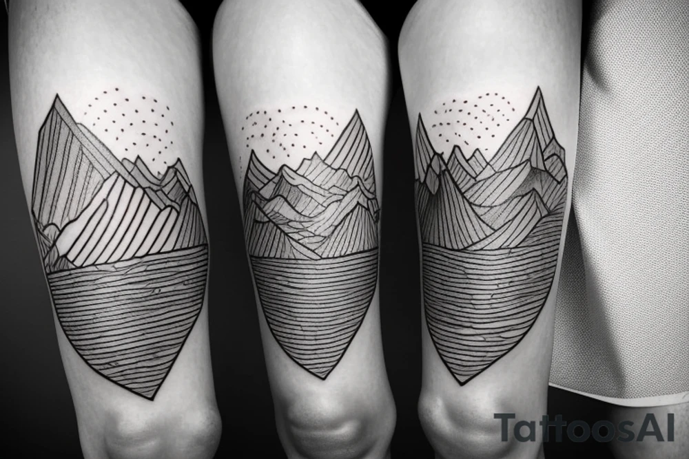 Thigh tattoo with a running finish line, and small mountains tattoo idea