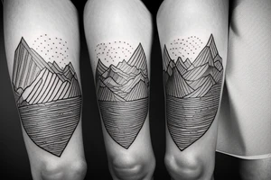 Thigh tattoo with a running finish line, and small mountains tattoo idea