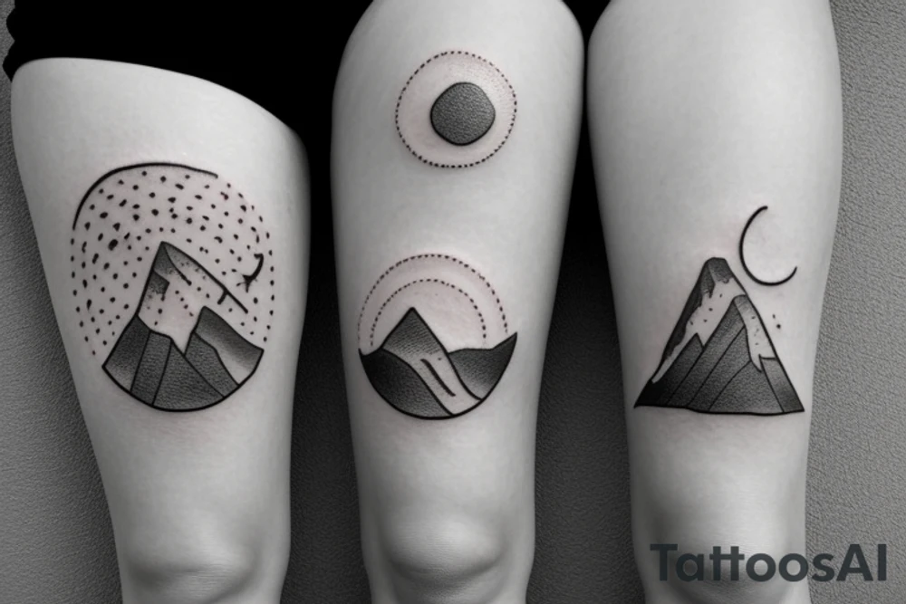 Thigh tattoo with a running finish line, and small mountains tattoo idea