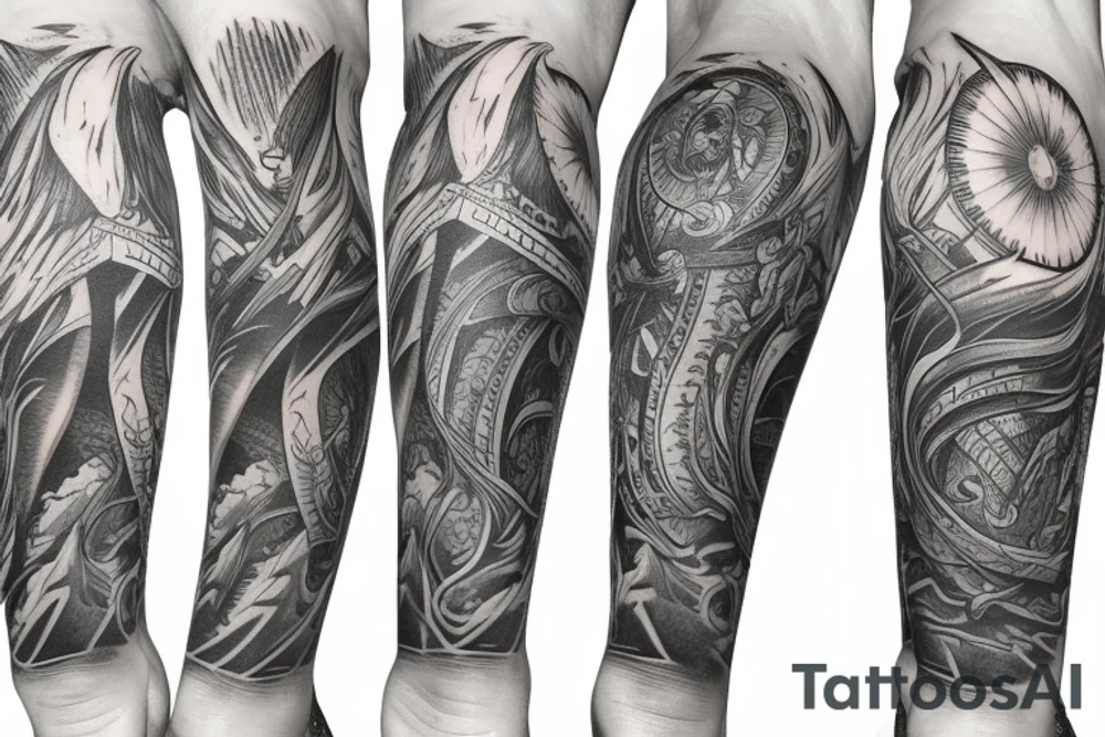 Thigh tattoo with a running finish banner
, and small mountains tattoo idea