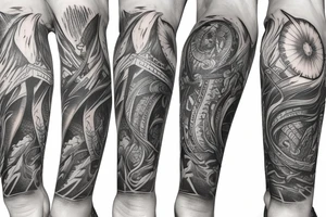 Thigh tattoo with a running finish banner
, and small mountains tattoo idea