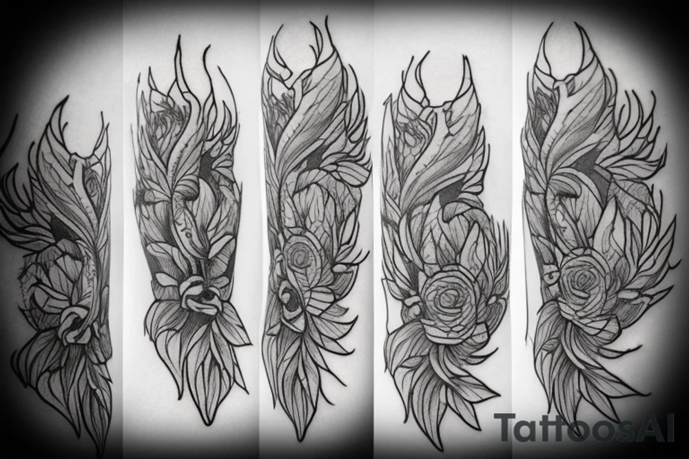Thigh tattoo with a running finish banner
, and small mountains tattoo idea