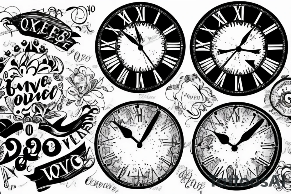 Clock, roman numerical and love conquers all wording tattoo idea