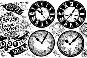 Clock, roman numerical and love conquers all wording tattoo idea