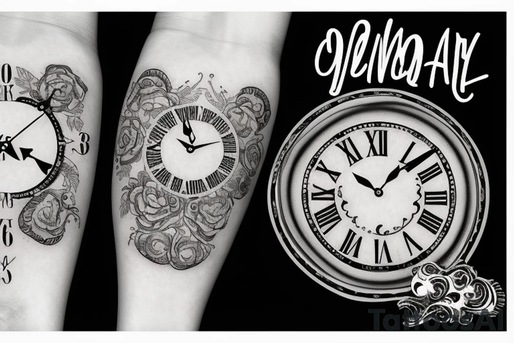 Clock, roman numerical and love conquers all wording tattoo idea