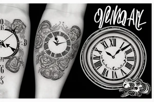 Clock, roman numerical and love conquers all wording tattoo idea
