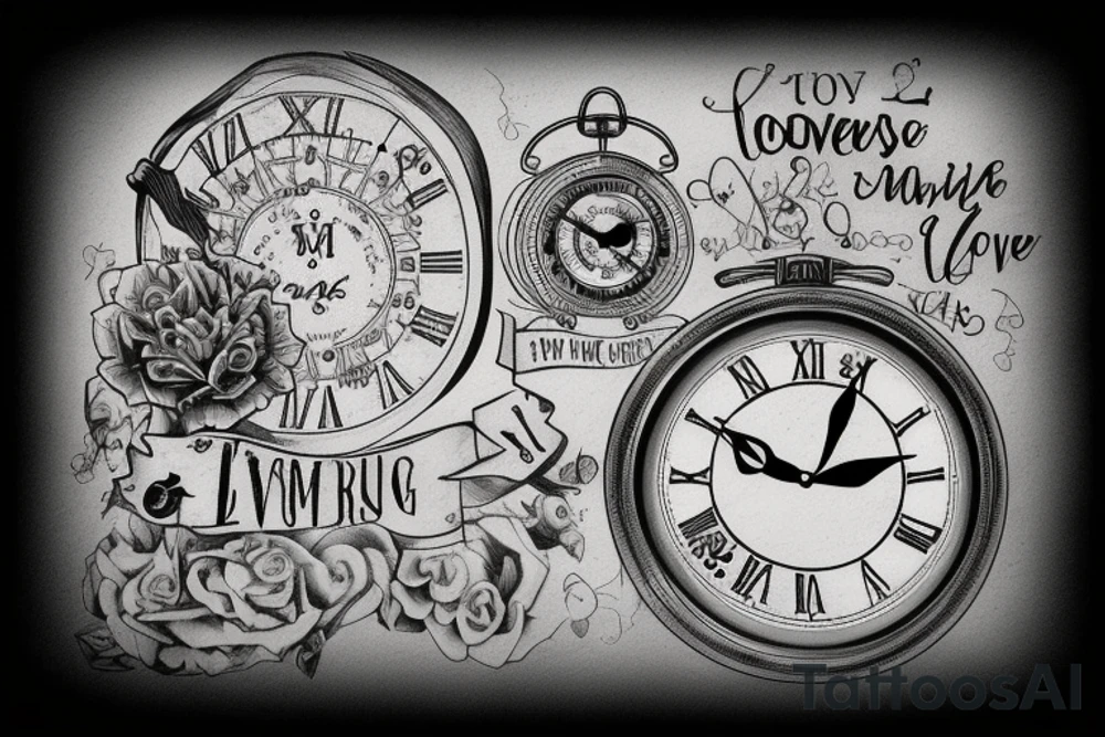 Clock, roman numerical and love conquers all wording tattoo idea