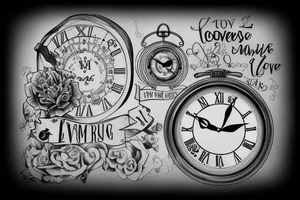 Clock, roman numerical and love conquers all wording tattoo idea
