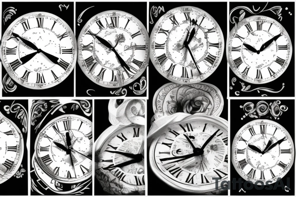 Clock, roman numerical and amour Vincit omnia tattoo idea