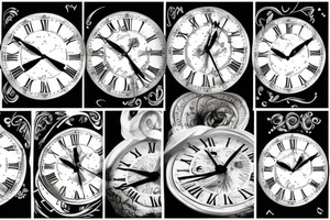Clock, roman numerical and amour Vincit omnia tattoo idea