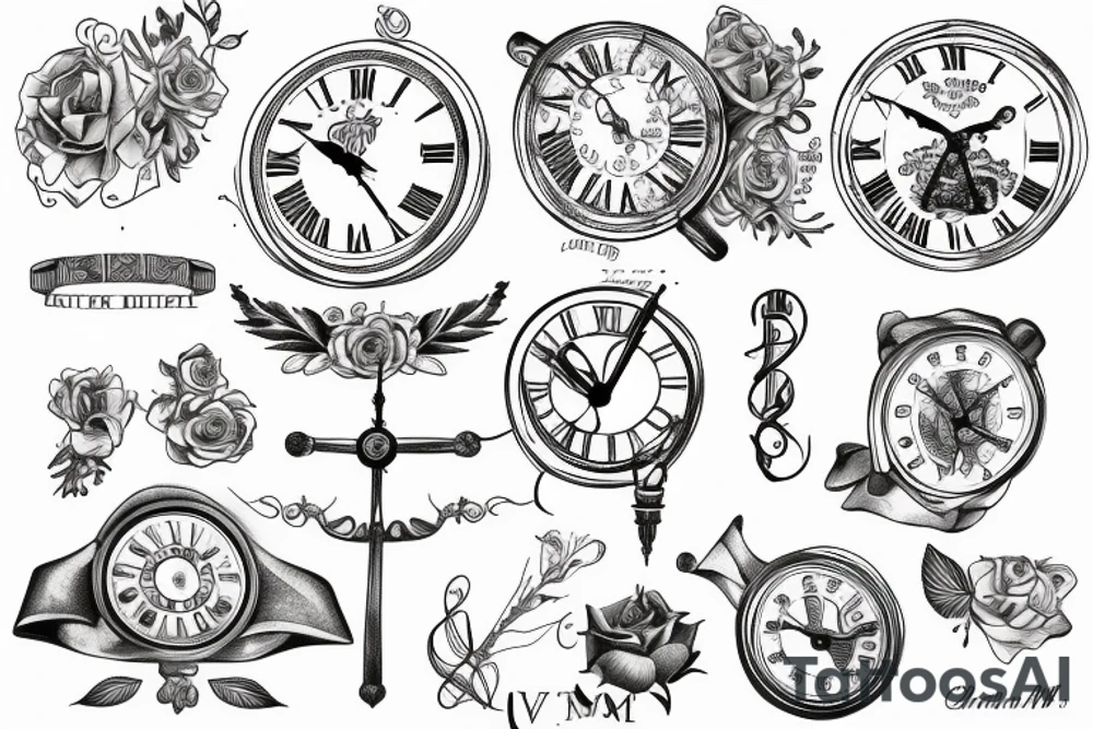 Clock, roman numerical and amour Vincit omnia tattoo idea