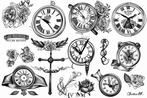 Clock, roman numerical and amour Vincit omnia tattoo idea
