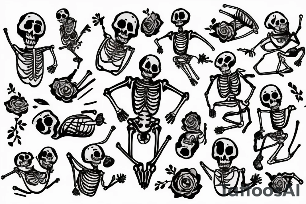 a colored drawing doodle illustration of dancing skeleton on white background. tattoo idea