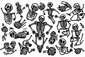 a colored drawing doodle illustration of dancing skeleton on white background. tattoo idea