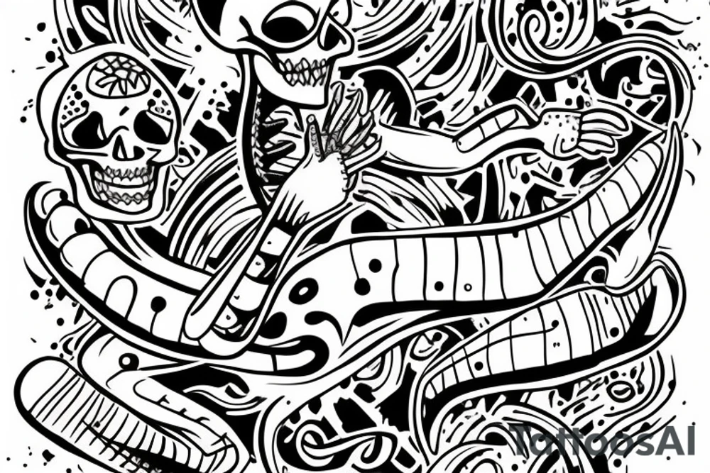 a colored drawing doodle illustration of dancing skeleton on white background. tattoo idea