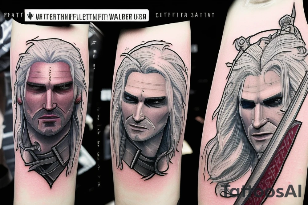 The Witcher Themed tattoo flash with soft colors , Geralt with a sword in the style of potrait and yennefer with a fireball tattoo idea