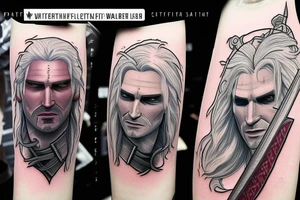 The Witcher Themed tattoo flash with soft colors , Geralt with a sword in the style of potrait and yennefer with a fireball tattoo idea