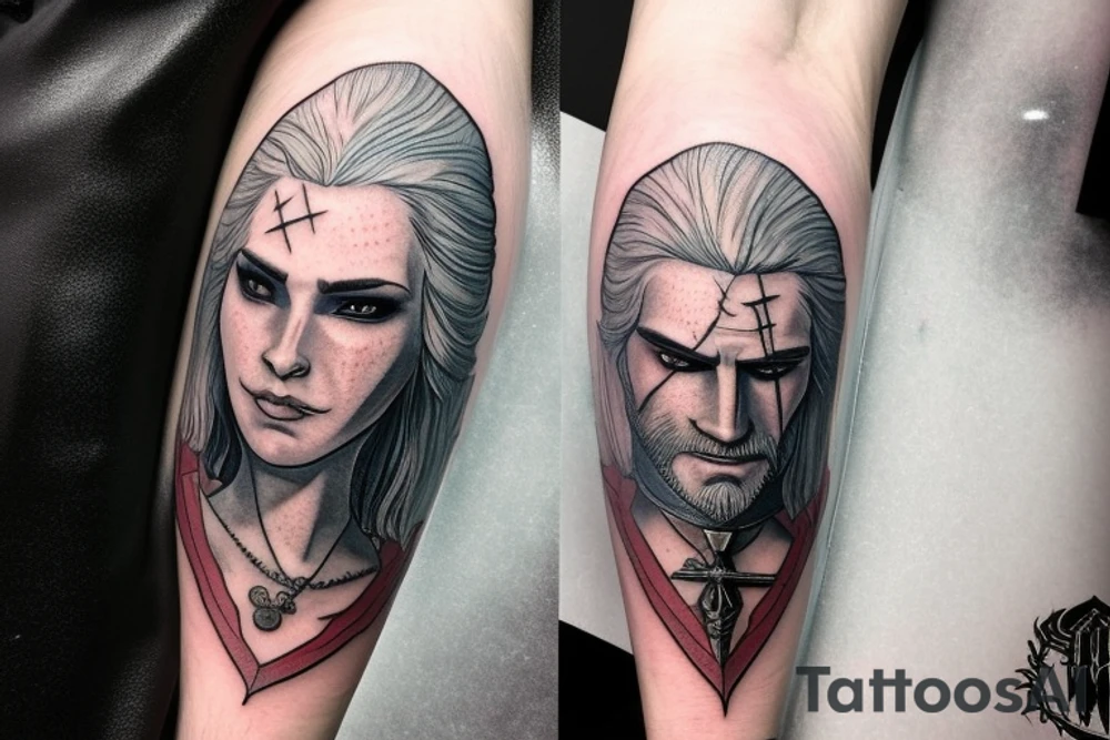 The Witcher Themed tattoo flash with soft colors , Geralt with a sword in the style of potrait and yennefer with a fireball tattoo idea