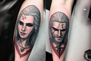 The Witcher Themed tattoo flash with soft colors , Geralt with a sword in the style of potrait and yennefer with a fireball tattoo idea