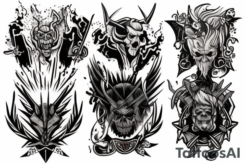 Several small tattoos in a the Witcher themed tattoo flash on paper tattoo idea