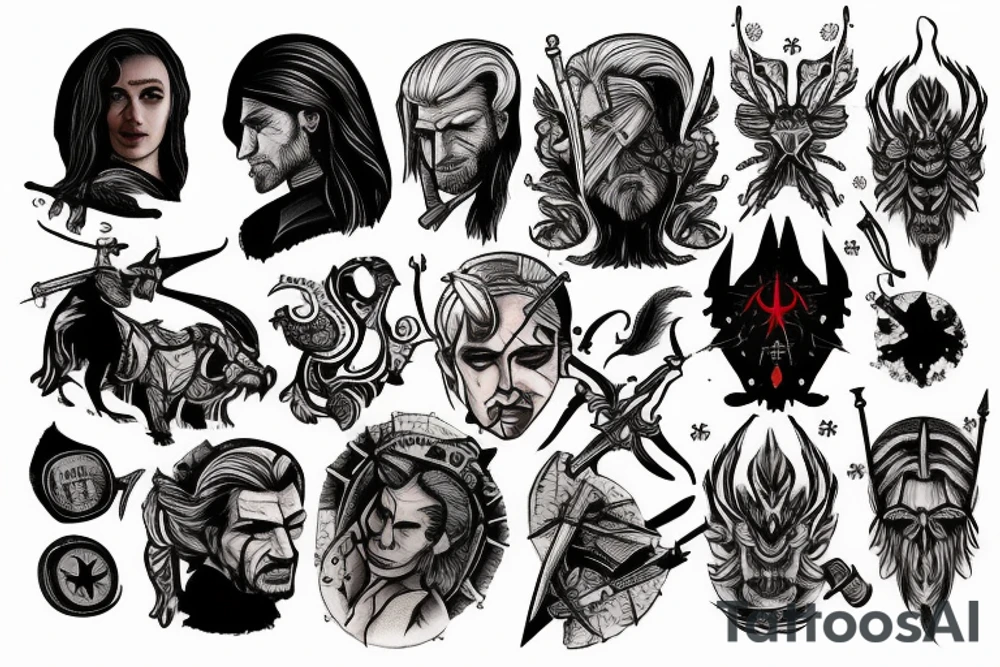 Several small tattoos in a the Witcher themed tattoo flash on paper tattoo idea
