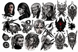 Several small tattoos in a the Witcher themed tattoo flash on paper tattoo idea