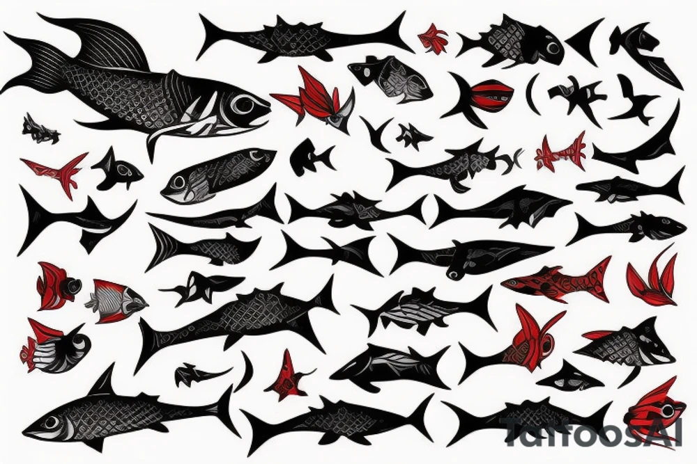 Black fish with red swords tattoo idea