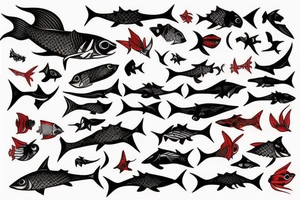 Black fish with red swords tattoo idea