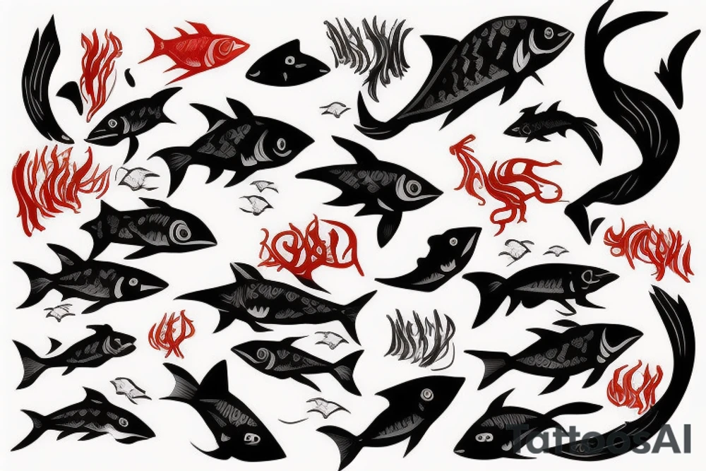 Black fish with red sword tattoo idea