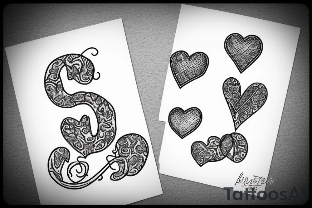 Letter S and P with tiny hearts tattoo idea